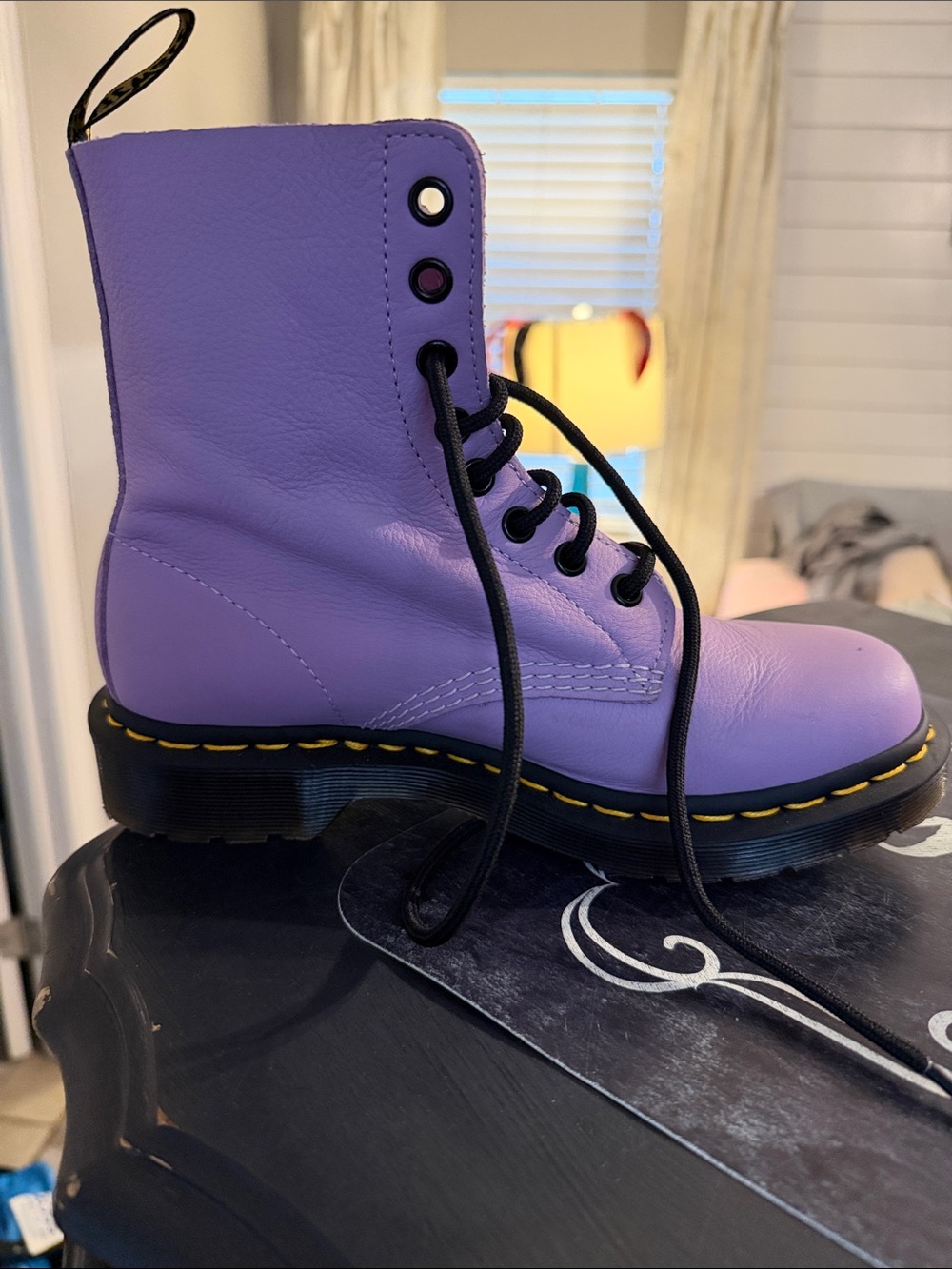Lilac Leather Combat Boot with Black Sole